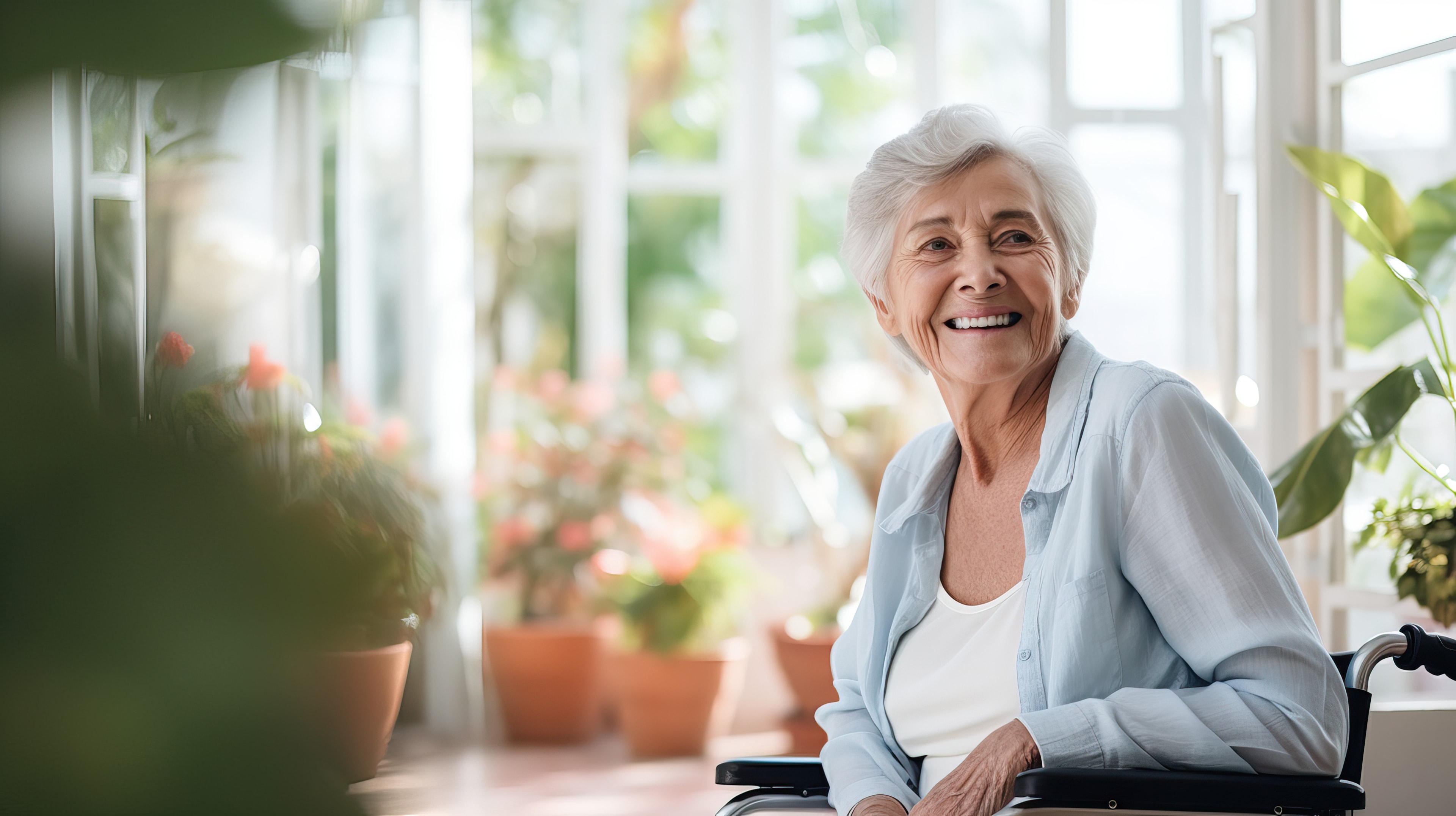 Smiling senior woman in a bright, welcoming care environment