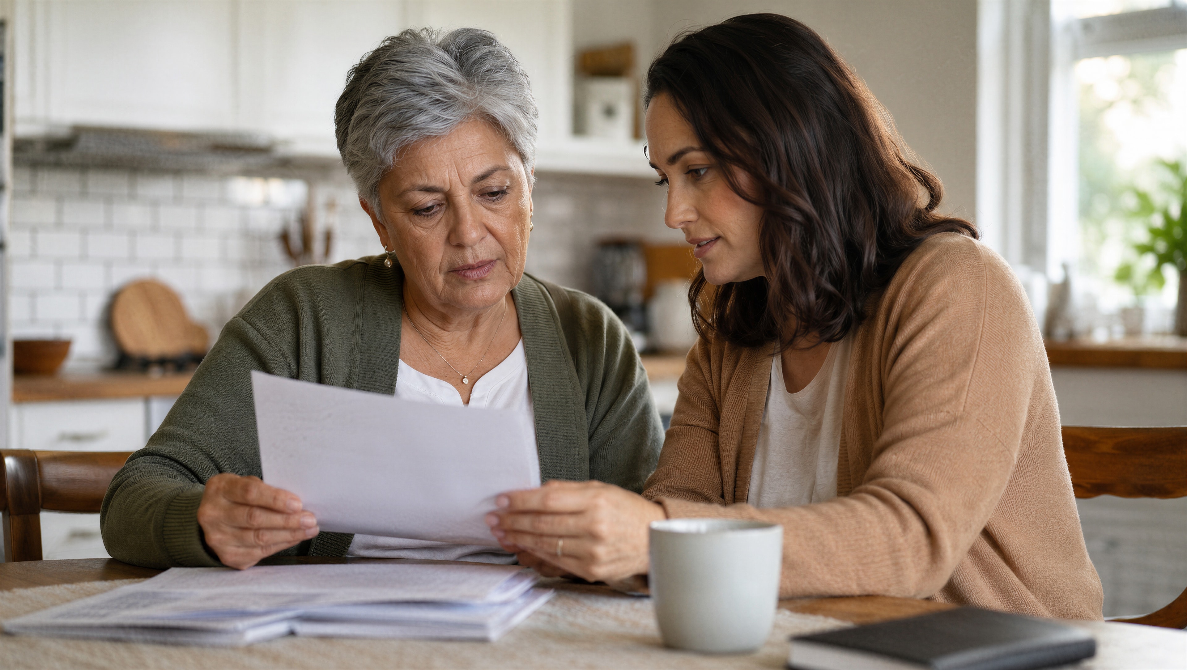Adult daughter sitting with her mother at a kitchen table, reviewing hospice care paperwork together.