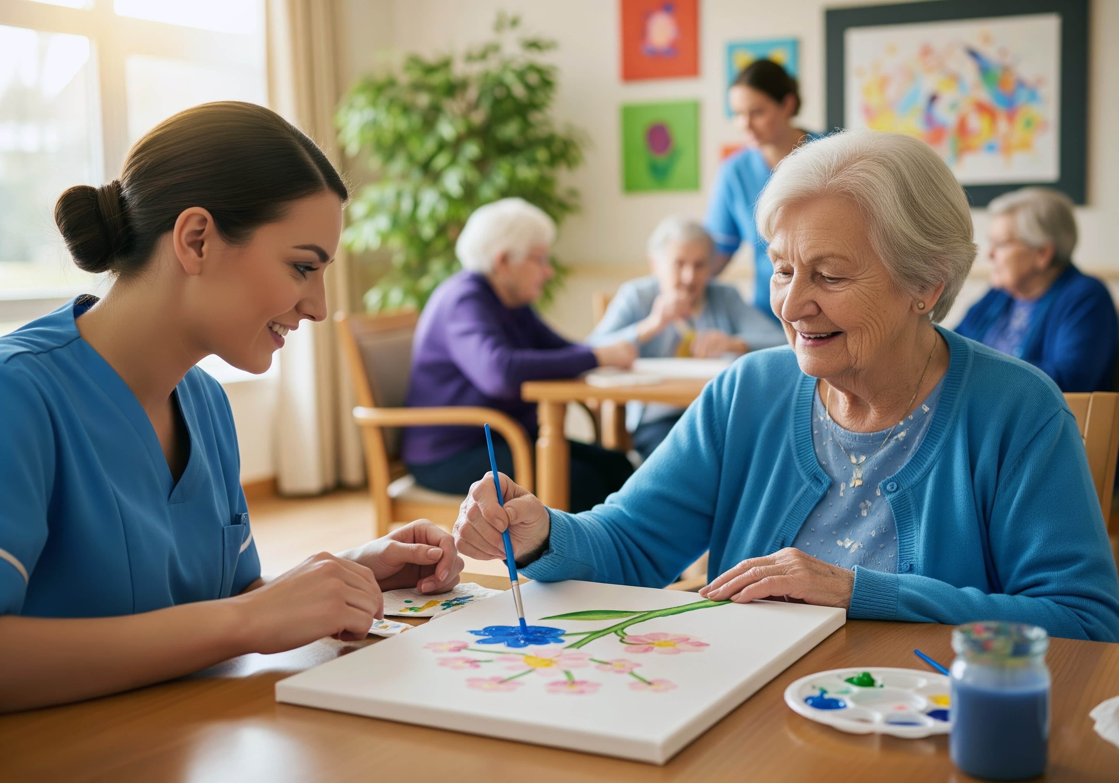Caregiver and elderly resident doing an art activity together